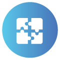 Circle icon with four white puzzle pieces on a blue gradient background, symbolizing unity and problem-solving. Simple and modern design.