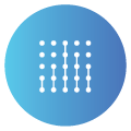 Blue circle with white vertical lines forming abstract shapes, resembling a digital pattern. Modern, tech-inspired, on a black background.