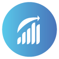 Blue circle with a white bar graph and arrow, symbolizing growth and progress. The background is a gradient from dark to light blue.